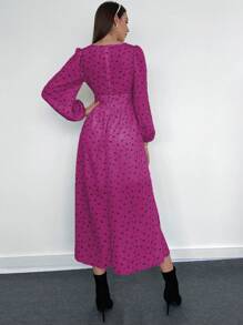 Mulvari 碎花前繫帶燈籠袖洋裝 - 中紫紅色 - 查看 2