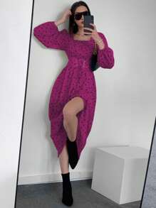 Mulvari 碎花前繫帶燈籠袖洋裝 - 中紫紅色 - 查看 4