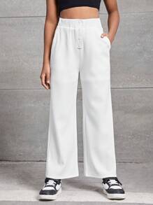 SHEIN Girls Solid Slant Pocket Wide Leg Trousers - White - View 1