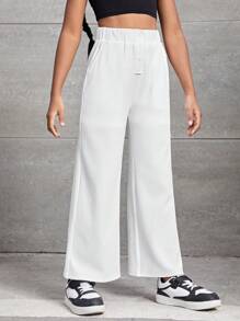 SHEIN Girls Solid Slant Pocket Wide Leg Trousers - White - View 5