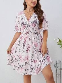 SHEIN Privé 大碼印花荷葉邊連衣裙 - 彩色 - 查看 2