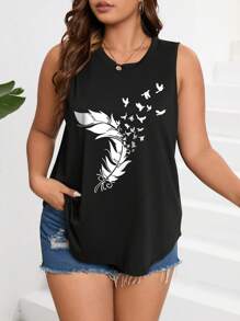 INAWLY 夏季加大羽毛印花背心 - 黑色 - 查看 1