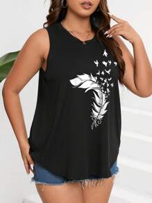 INAWLY 夏季加大羽毛印花背心 - 黑色 - 查看 3