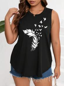 INAWLY 夏季加大羽毛印花背心 - 黑色 - 查看 6