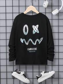 SHEIN 男孩卡通和標語圖案T恤 - 黑色 - 查看 1