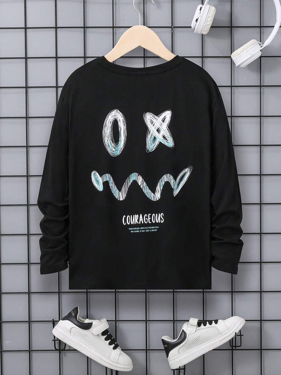 SHEIN 男孩卡通和標語圖案T恤 - 黑色 - 查看 1