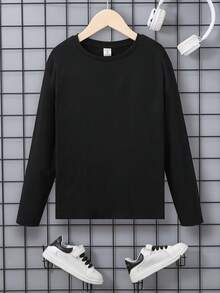 SHEIN 男孩卡通和標語圖案T恤 - 黑色 - 查看 2