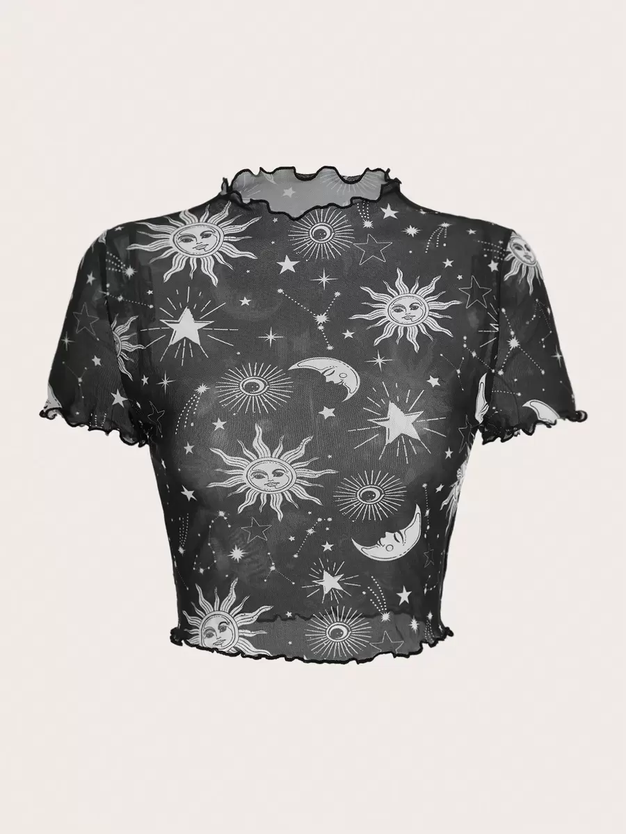 SHEIN EZwear Áo nữ Xù nhỏ cắt Thiên hà Gợi cảm - Đen và trắng - Xem 1