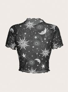 SHEIN EZwear Áo nữ Xù nhỏ cắt Thiên hà Gợi cảm - Đen và trắng - Xem 2