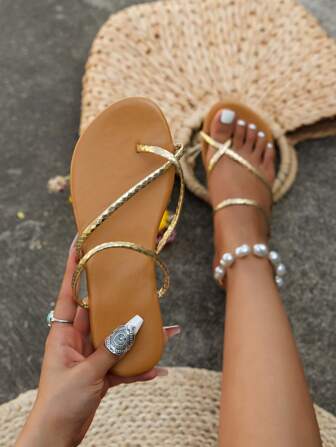 Women Embossed Detail Criss Cross Thong Sandals, Fashionable Gold Flat Sandals