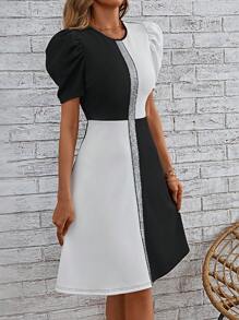 SHEIN Clasi 雙色亮片拼接泡泡袖洋裝 - 黑與白 - 查看 4