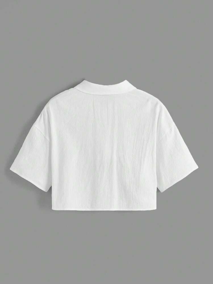 SHEIN EZwear Drop Shoulder Patch Pocket Crop Shirt - White - View 2