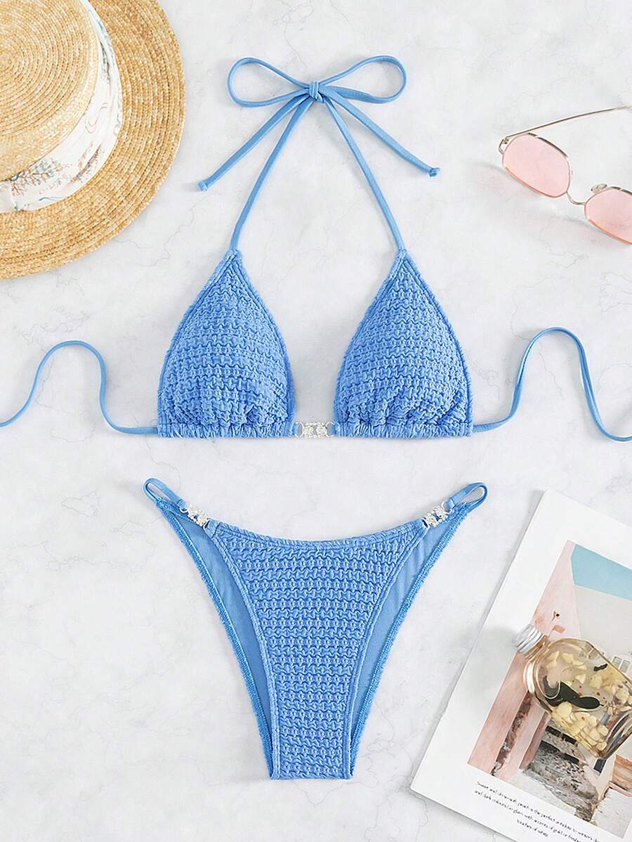Bộ Bikini Nữ Buộc lại Thêu Smock màu trơn Gợi cảm Dễ thương - Màu xanh lam - Xem 1