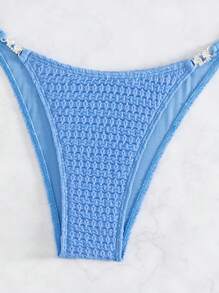 Bộ Bikini Nữ Buộc lại Thêu Smock màu trơn Gợi cảm Dễ thương - Màu xanh lam - Xem 3