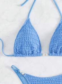 Bộ Bikini Nữ Buộc lại Thêu Smock màu trơn Gợi cảm Dễ thương - Màu xanh lam - Xem 4