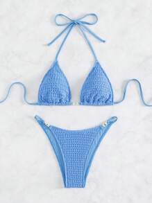 Bộ Bikini Nữ Buộc lại Thêu Smock màu trơn Gợi cảm Dễ thương - Màu xanh lam - Xem 5