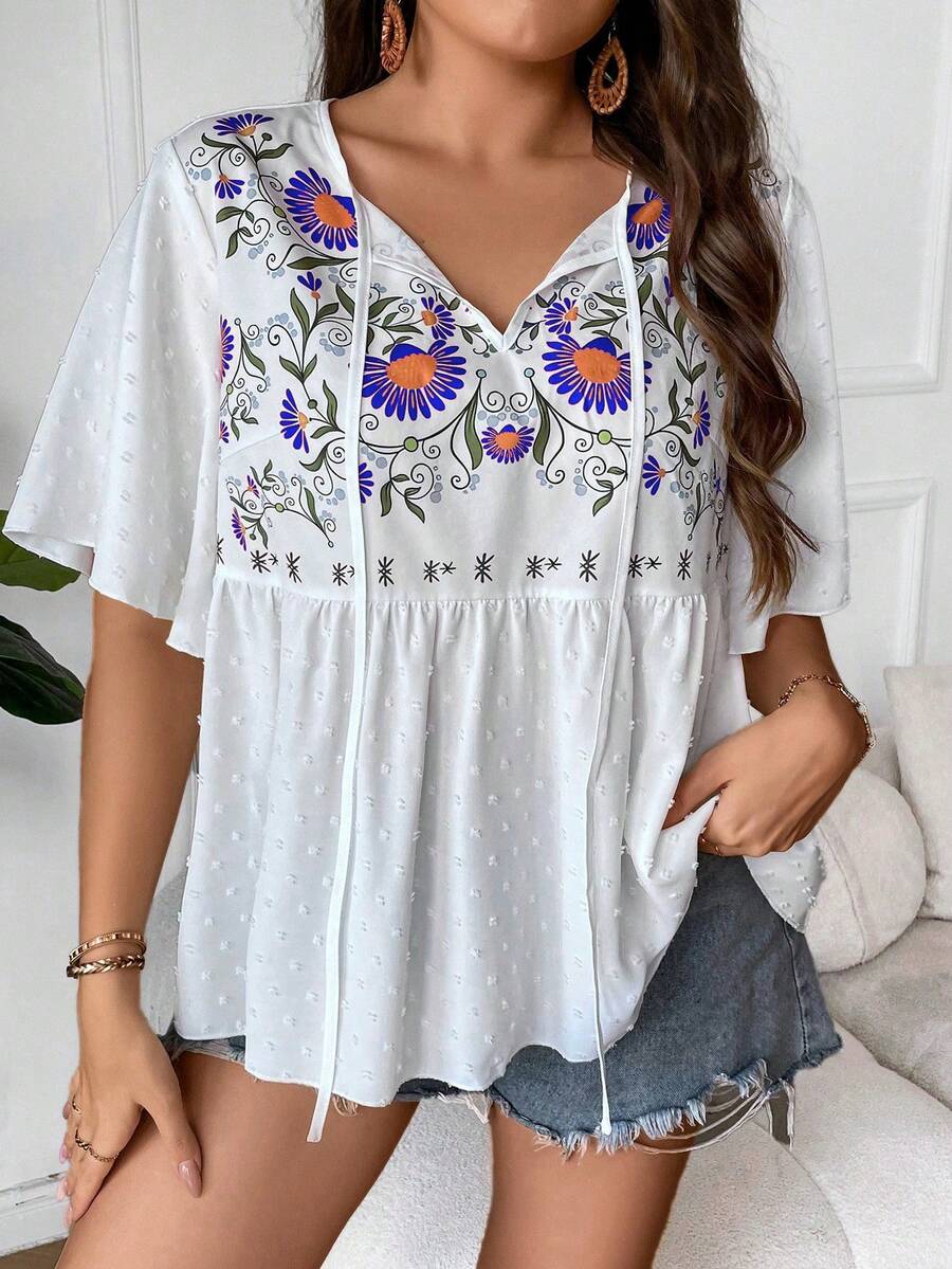 SHEIN LUNE Áo sơ mi Plus Size Thêu Viên lá sen Thắt nơ trước Hoa Boho - trắng - Xem 1