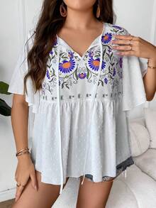 SHEIN LUNE Áo sơ mi Plus Size Thêu Viên lá sen Thắt nơ trước Hoa Boho - trắng - Xem 3
