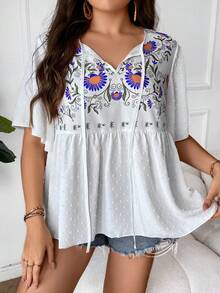 SHEIN LUNE Áo sơ mi Plus Size Thêu Viên lá sen Thắt nơ trước Hoa Boho - trắng - Xem 6