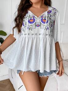 SHEIN LUNE Áo sơ mi Plus Size Thêu Viên lá sen Thắt nơ trước Hoa Boho - trắng - Xem 7