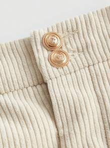 SHEIN Girlism Tween Girls Casual Apricot Corduroy Button-Pleated Apricot Midi Skirt, Autumn/Winter - Apricot - View 4