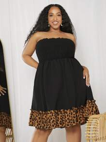 SHEIN CURVE+ 大碼豹紋印花荷葉邊抹胸連衣裙 - 黑色 - 查看 1
