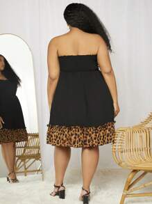 SHEIN CURVE+ 大碼豹紋印花荷葉邊抹胸連衣裙 - 黑色 - 查看 2