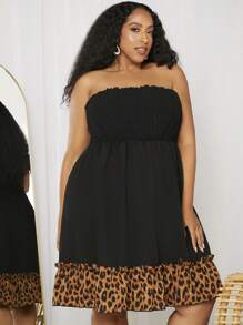 SHEIN CURVE+ 大碼豹紋印花荷葉邊抹胸連衣裙 - 黑色 - 查看 3