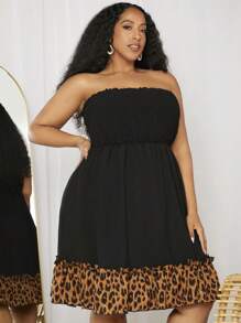 SHEIN CURVE+ 大碼豹紋印花荷葉邊抹胸連衣裙 - 黑色 - 查看 4