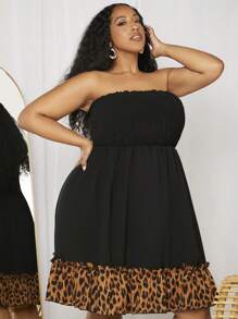 SHEIN CURVE+ 大碼豹紋印花荷葉邊抹胸連衣裙 - 黑色 - 查看 5