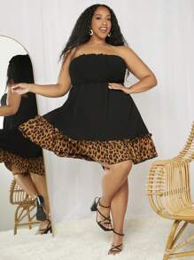 SHEIN CURVE+ 大碼豹紋印花荷葉邊抹胸連衣裙 - 黑色 - 查看 7