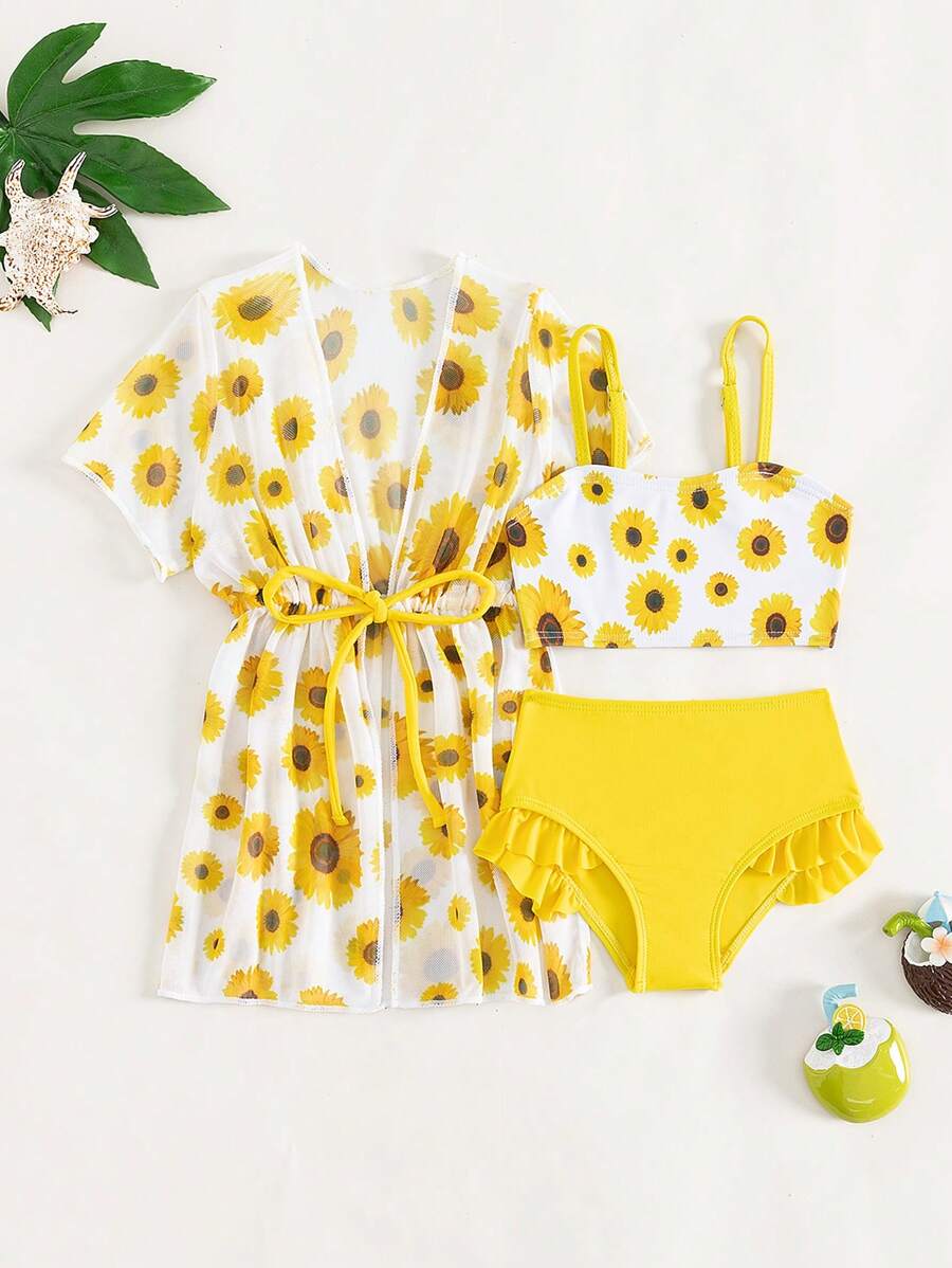 Baby Girl Sunflower Print Ruffle Trim Beachwear With Kimono Summer Beach