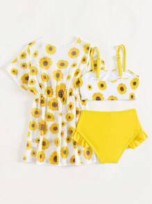 Baby Girl Sunflower Print Ruffle Trim Beachwear With Kimono Summer Beach