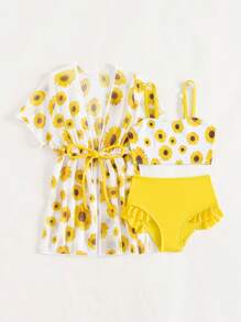 Baby Girl Sunflower Print Ruffle Trim Beachwear With Kimono Summer Beach