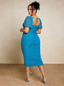 SHEIN BAE Plus Square Neck Ruched Mesh Bodycon Dress - Blue - View 2