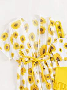 Baby Girl Sunflower Print Ruffle Trim Beachwear With Kimono Summer Beach
