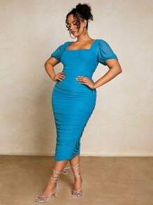 SHEIN BAE Plus Square Neck Ruched Mesh Bodycon Dress - Blue - View 3