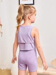 Đồ ngủ bé gái Cắt ra Gân đan màu trơn Giải trí - Màu tím - Xem 2