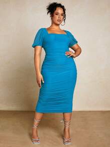 SHEIN BAE Plus Square Neck Ruched Mesh Bodycon Dress - Blue - View 5