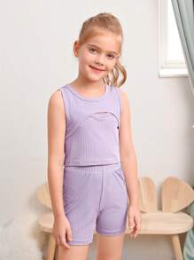 Đồ ngủ bé gái Cắt ra Gân đan màu trơn Giải trí - Màu tím - Xem 5