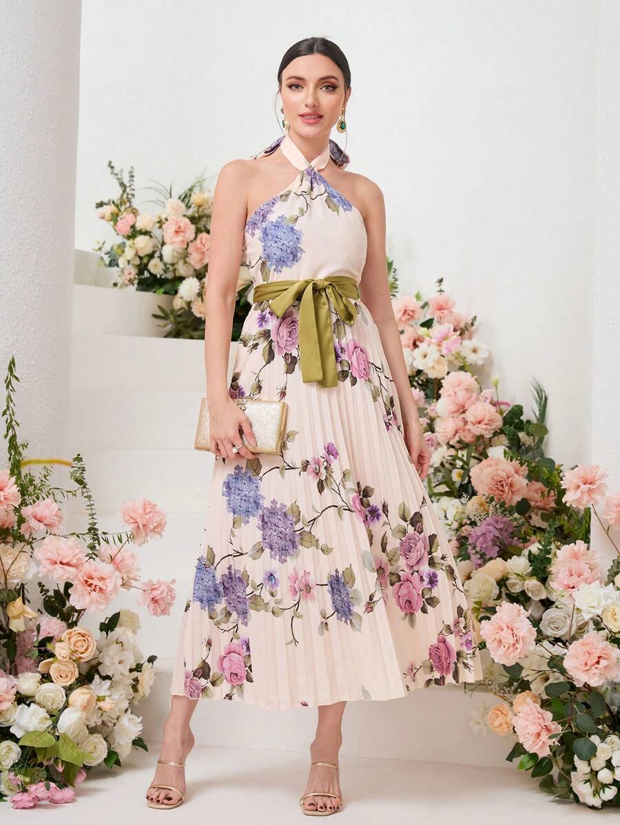 Modelyn 印花百褶下擺腰帶掛脖連衣裙 - 彩色 - 查看 1