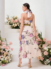 Modelyn 印花百褶下擺腰帶掛脖連衣裙 - 彩色 - 查看 2