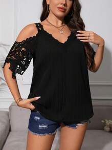 SHEIN Privé Plus Cold Shoulder Guipure Lace Insert Blouse - Black - View 3