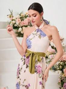 Modelyn 印花百褶下擺腰帶掛脖連衣裙 - 彩色 - 查看 3