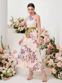 Modelyn 印花百褶下擺腰帶掛脖連衣裙 - 彩色 - 查看 4