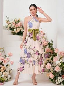 Modelyn 印花百褶下擺腰帶掛脖連衣裙 - 彩色 - 查看 5