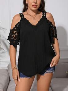 SHEIN Privé Plus Cold Shoulder Guipure Lace Insert Blouse - Black - View 6