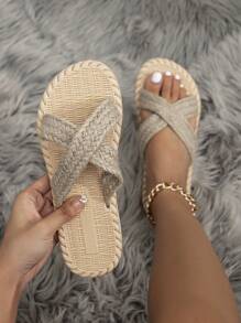 Women's Summer New Faux Linen Rope Sole Slip-On Sandals, Beach Vacation Slippers - Khaki - View 2
