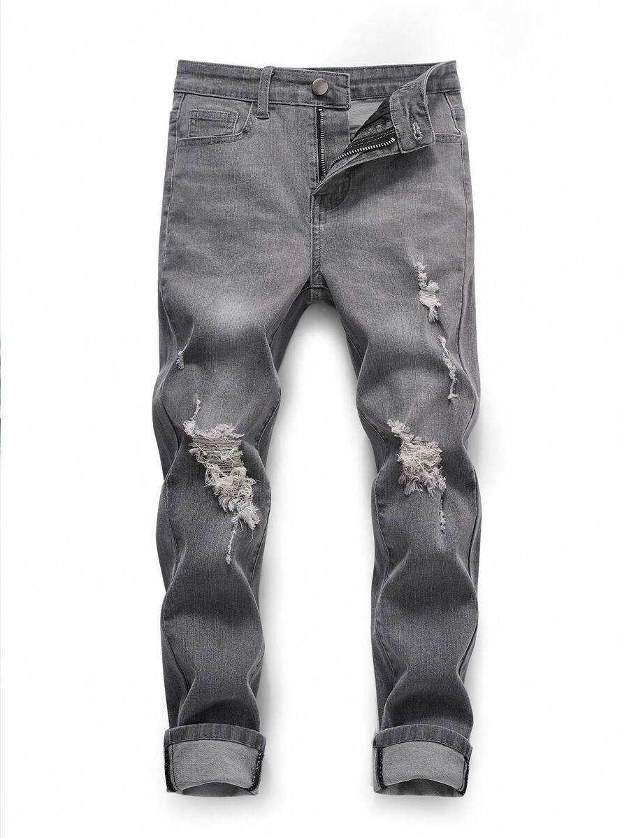 SHEIN Explorewe Quần jean rách sờn Tween Boy - Xám - Xem 1