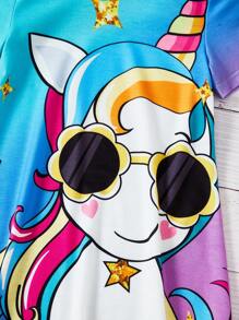 SHEIN Mùa xuân/mùa thu Váy áo thun bé gái hình kỳ lân dễ thương dành cho trẻ lớn, Đầm ngắn tay dáng rộng - Nhiều màu - Xem 3